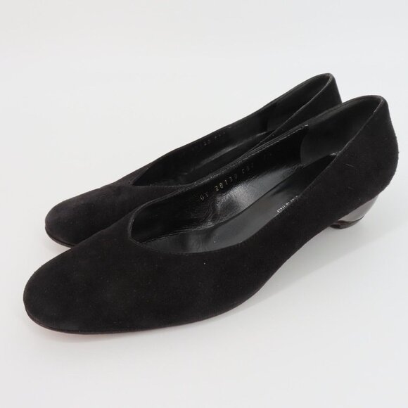 Salvatore Ferragamo 7.5 B Black Suede Tortoise Shell Design Heel Round Toe Italy - Picture 15 of 16